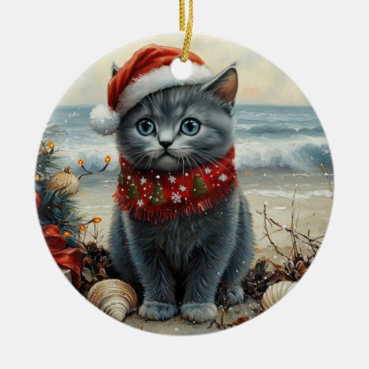 Russisch Blauwe Kat Kerst  Strand Keramisch Ornament (Voorkant)