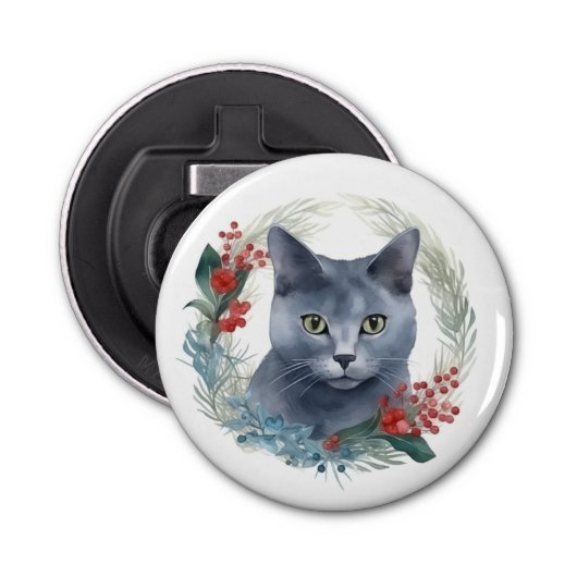 Russisch Blauwe Kat Kerstkrans Feestelijke Kitten Button Flesopener (Voorkant)
