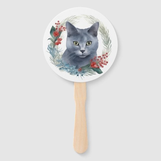 Russisch Blauwe Kat Kerstkrans Feestelijke Kitten Handwaaier (Achterkant)