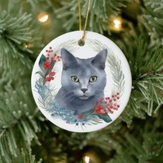 Russisch Blauwe Kat Kerstkrans Feestelijke Kitten Keramisch Ornament