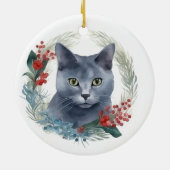 Russisch Blauwe Kat Kerstkrans Feestelijke Kitten Keramisch Ornament (Achterkant)