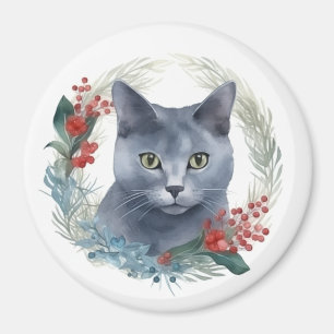 Russisch Blauwe Kat Kerstkrans Feestelijke Kitten Magneet
