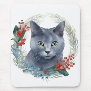 Russisch Blauwe Kat Kerstkrans Feestelijke Kitten Muismat