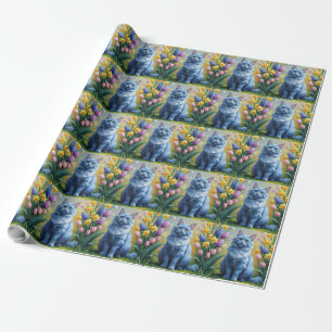 Russisch Blauwe Kat Lentebloemen Schilderij Cadeaupapier