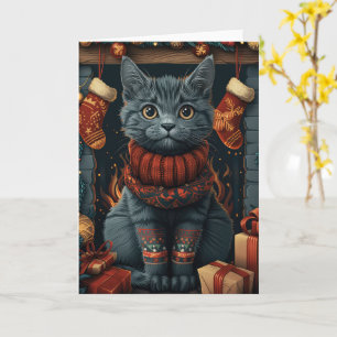Russisch Blauwe Kat Met Kerstcadeaus Haard Kaart