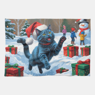 Russisch Blauwe Kat Rent Door Sneeuw met Kerstmuts Theedoek