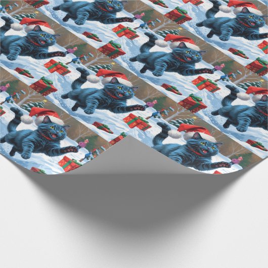 Russisch Blauwe Kat Sneeuw met Kerst Pet Cadeaupapier (Hoek)