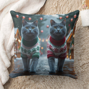 Russisch Blauwe Katten Kerst Sneeuw Vakantie Kussen
