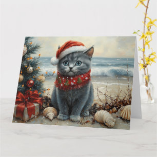 Russisch Blauwe Katten Kerstmis Vintage Strand Kaart