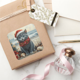 Russisch Blauwe Katten Kerstmis Vintage Strand Vierkante Sticker