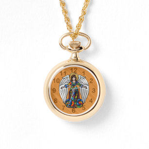 Russisch geëmailleerde engel op kersenhouten achte horloge