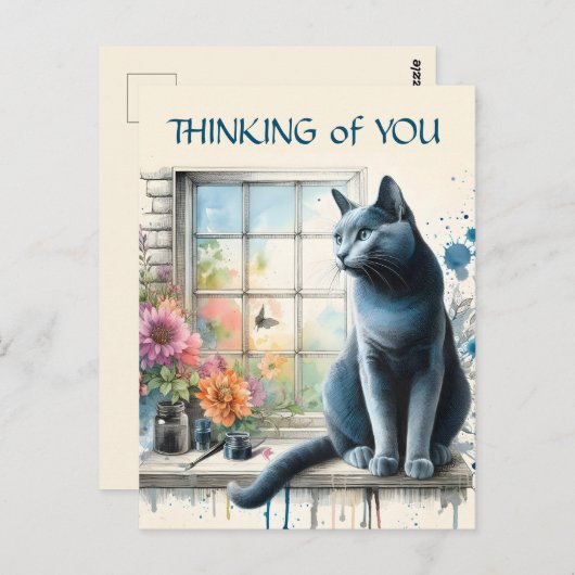 Russische Blauwe Kat In Raam Met Zomerbloemen Briefkaart (Voorkant / Achterkant)