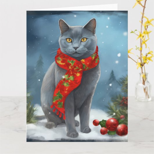 Russische Blauwe Kat in Sneeuw Kerstmis Kaart (Gele Bloem)