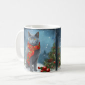 Russische Blauwe Kat in Sneeuw Kerstmis Koffiemok (Voorkant links)