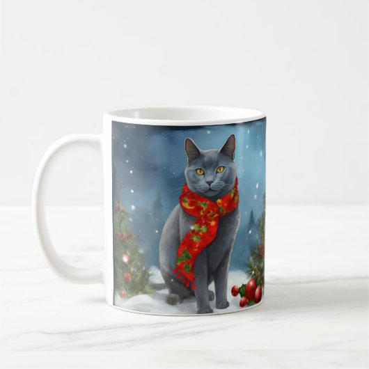 Russische Blauwe Kat in Sneeuw Kerstmis Koffiemok (Links)