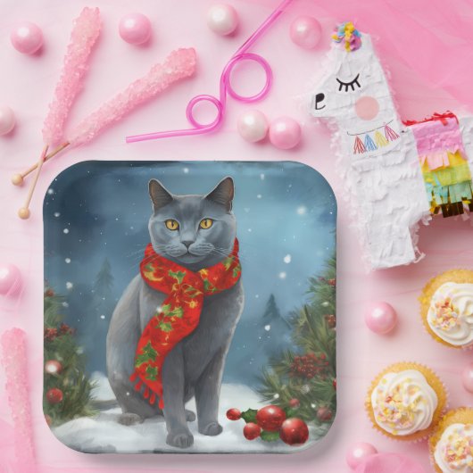 Russische Blauwe Kat in Sneeuw Kerstmis Papieren Bordje (Feest)