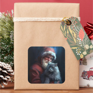 Russische Blauwe Kat Kerstman Festive Kerstmis Vierkante Sticker
