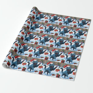 Russische Blauwe Kat Lopend in Sneeuw met Kerstmut Cadeaupapier