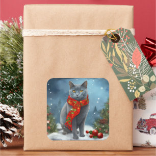 Russische Blauwe Kat met Kerst in de Sneeuw Vierkante Sticker