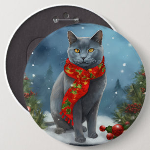 Russische Blauwe Kat met Kerstmis in de Sneeuw Ronde Button 6,0 Cm