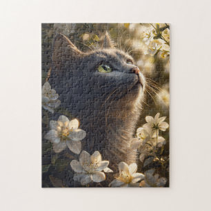 Russische blauwe kat witte bloemen legpuzzel