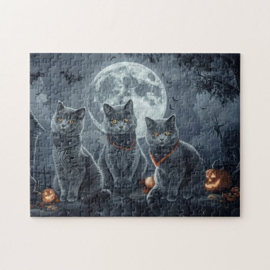 Russische Blauwe Katten Halloween Griezelen Legpuzzel (Horizontaal)
