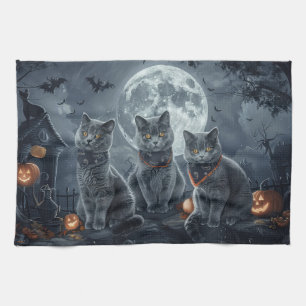 Russische Blauwe Katten Halloween Griezelen Theedoek