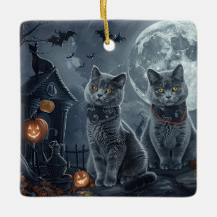 Russische Blauwe Katten Halloween Spooky Keramisch Ornament