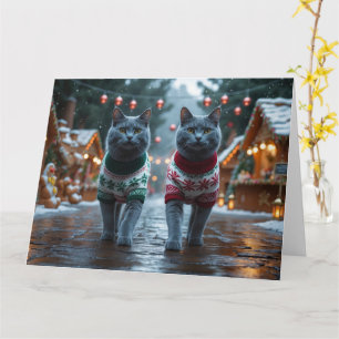 Russische Blauwe Katten Kerstmis Sneeuw Vakantie Kaart