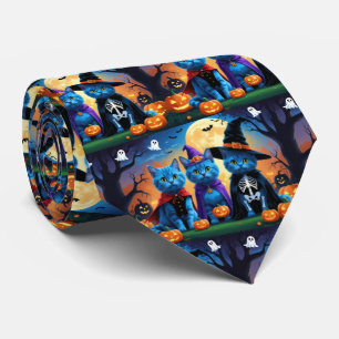 Russische blauwe katten pompoen Halloween grappig Stropdas