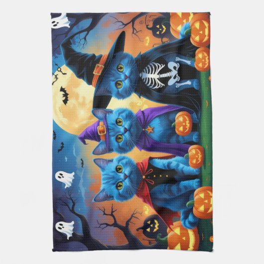 Russische blauwe katten pompoen Halloween grappig Theedoek (Verticaal)