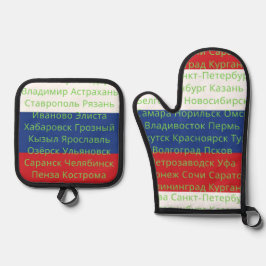 Russische vlag kleuren met steden ovenwant & pannenlap set