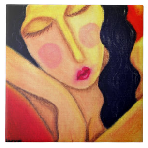 Rust Abstracte oliepastel schilderij van een vrouw Tegeltje