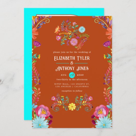 Rust & Aqua Floral Mexican Fiesta Wedding Kaart (Voorkant / Achterkant)