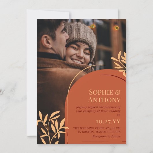 Rust Arch Greenery Foto Fall Wedding Invitation Kaart (Voorkant)