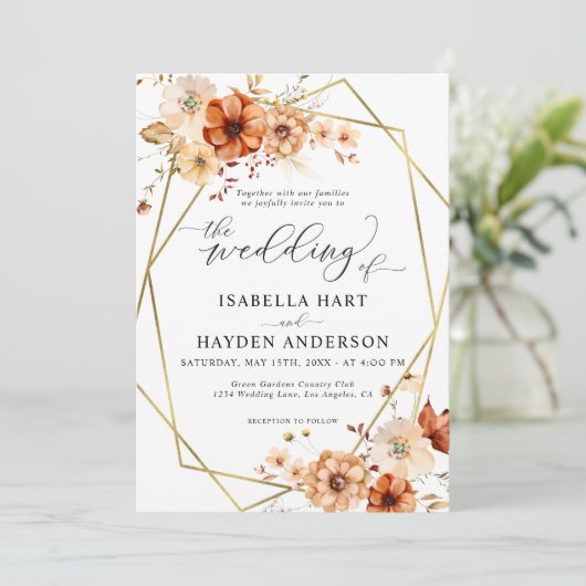 Rust Beige Bloemen Goud Lijst bruiloft Kaart (Staand voorkant)