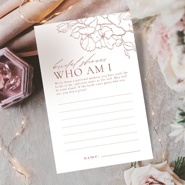 Rust bloemig wie ben ik bruids douche spel (Rust floral who am I bridal shower game)
