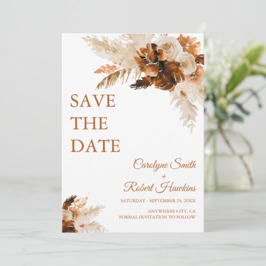 Rust Bohemian en Pampas Grass Stylish Save The Date (Staand voorkant)
