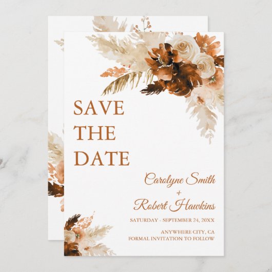 Rust Bohemian en Pampas Grass Stylish Save The Date (Voorkant / Achterkant)