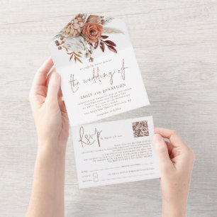 Rust Boho Bloemen Bruin Schrijven QR All In One Uitnodiging