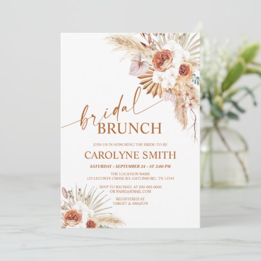 Rust Boho en Pampas Grass Bridal Brunch Kaart (Staand voorkant)