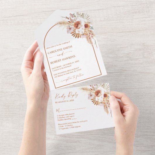 Rust Boho en Pampas Grass Wedding All In One Uitnodiging (Afscheurbaar)