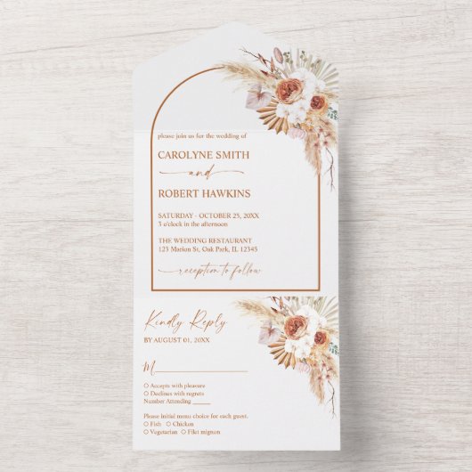 Rust Boho en Pampas Grass Wedding All In One Uitnodiging (Binnen)