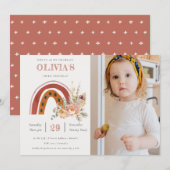 Rust Boho Floral Rainbow Foto Birthday Invite Bedankkaart (Voorkant / Achterkant)