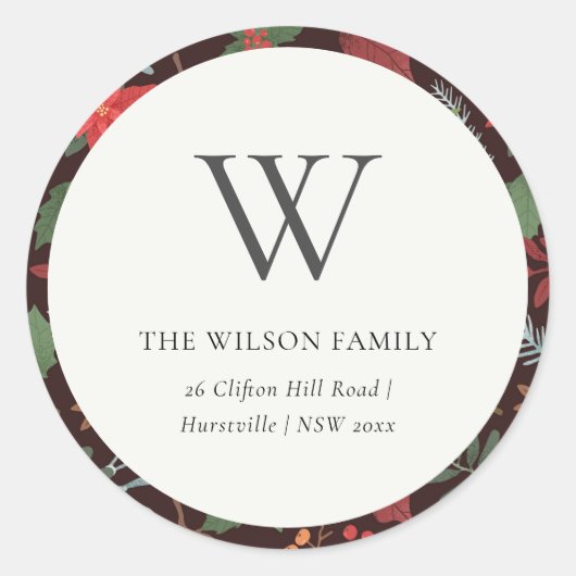 Rust Brown Berry Kerstmis Flora Monogram Adres Ronde Sticker (Voorkant)