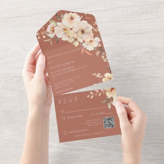 Rust  Cream Floral QR Code All In One Uitnodiging (Afscheurbaar)