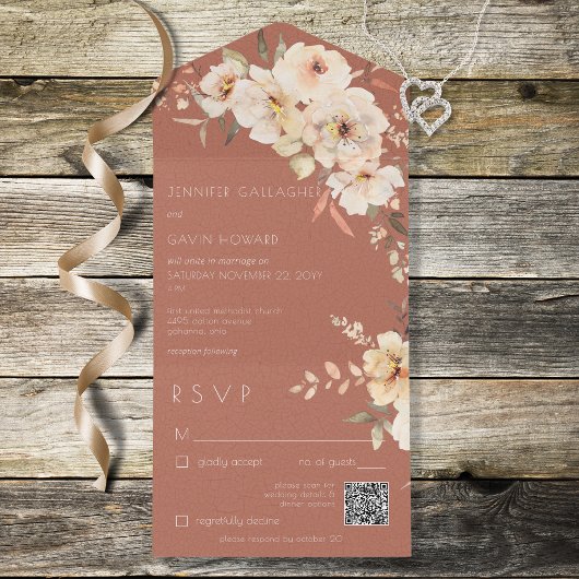 Rust  Cream Floral QR Code All In One Uitnodiging