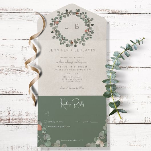 Rust & Donkere Sage Groene Eucalyptus Modern No Di All In One Uitnodiging
