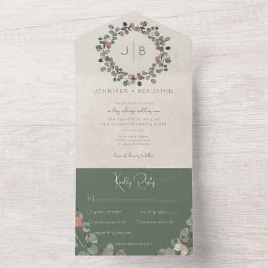 Rust & donkergrijs Groene Eucalyptus Moderne Dinne All In One Uitnodiging (Binnen)