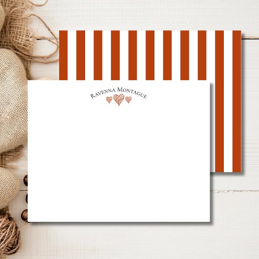 Rust Elegant Wavy Hearts Striped Note Card Notitiekaartje